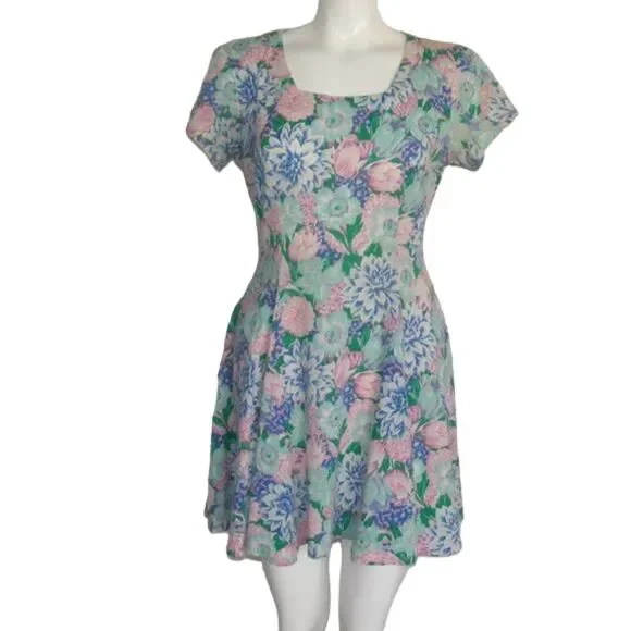 VINTAGE Skater MIni Dress, S, Multicolor Floral, Short sleeves, Square neck - Picture 9 of 13